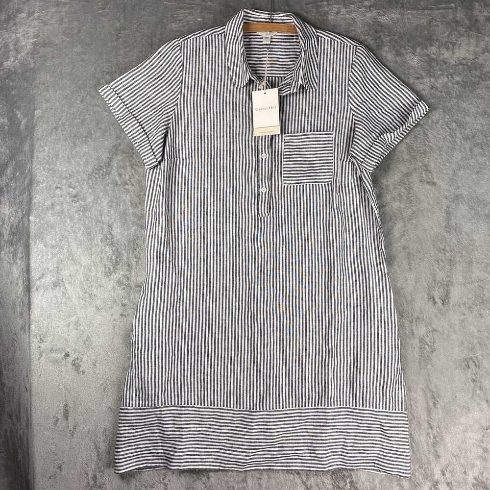 Garnet Hill Dress Womens L Blue Mini Stripe Linen Relaxed Popover Shirtdress NWT